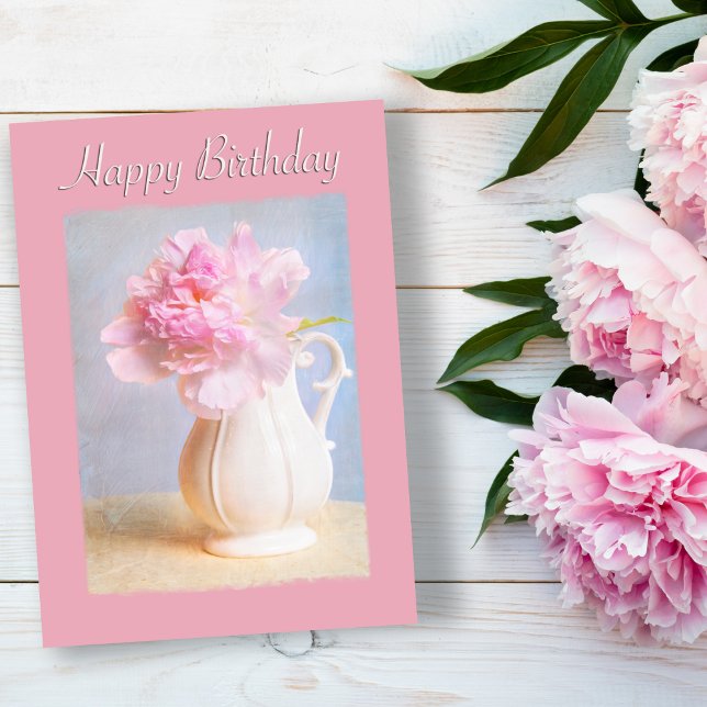 Vintag Happy Birthday Pink Peony White Vase Karte (Lovely Peony Birthday Card For Family and Friends.)