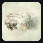 Vintag Happy Christmas Scroll, Holly & Kardinal Quadratischer Aufkleber<br><div class="desc">Elegante Vintage Winterlandschaft mit Kardinal auf schneebedecktem,  heiligen Ast mit antiker Schriftrolle und Weihnachtstext mit rustikaler Waldlandschaft auf subtilem Wirblem,  schlängelgrünem Hintergrund.</div>