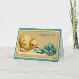 Vintag Happy Easter Chick mit Blauen Blumen Karte