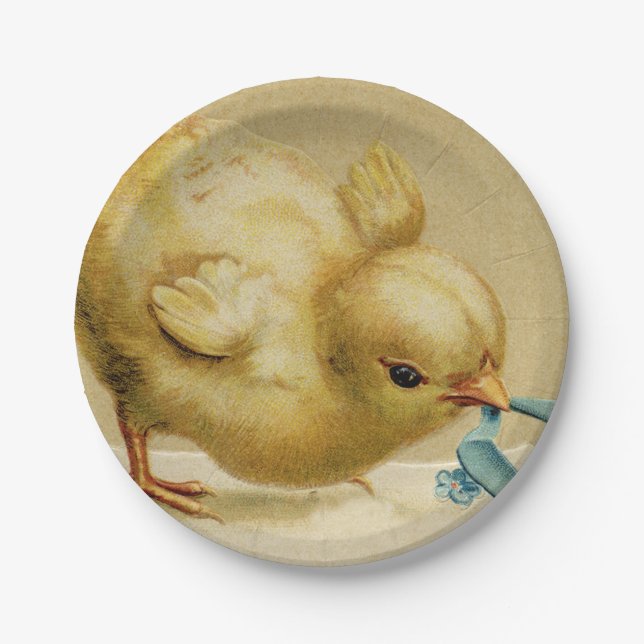 Vintag Happy Easter Chick mit Blauen Blumen Pappteller (Vorderseite)