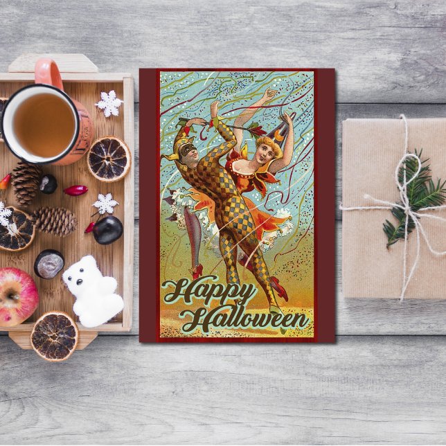 Vintag Happy Halloween Dancing in Jester Kostüm Karte (Von Creator hochgeladen)