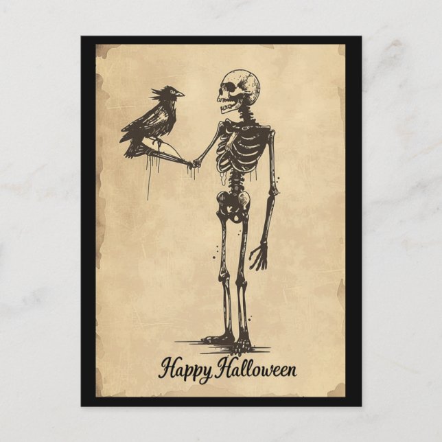 Vintag Happy Halloween Spooky Skeleton Black Bird Postkarte (Vorderseite)