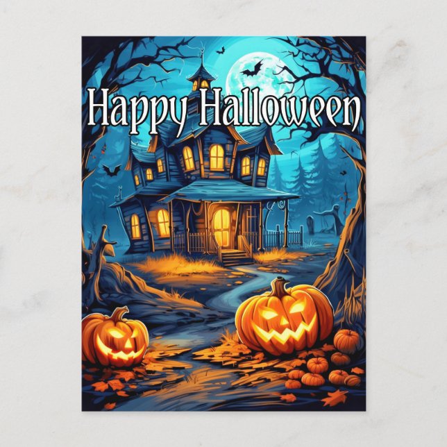 Vintag Happy Halloween Spuk Haus Postkarte (Vorderseite)