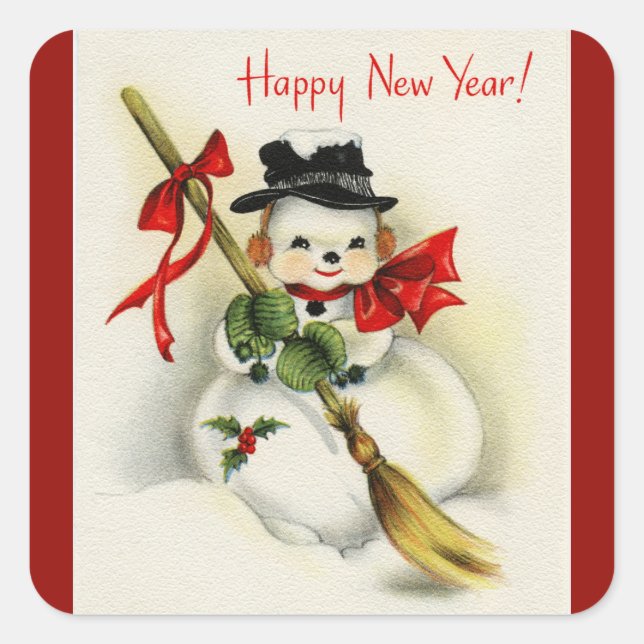 Vintag Happy New Year Snowman Red Quadratischer Aufkleber (Vorderseite)