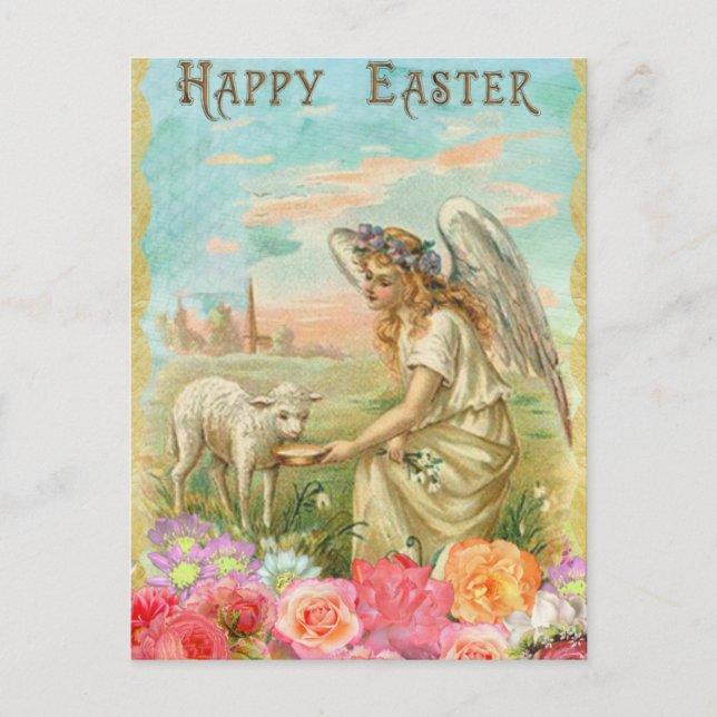 Vintag Happy Oaster Angel Lamm Postkarte (Vorderseite)
