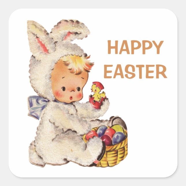 Vintag Happy Oaster Bunny Costume Quadratischer Aufkleber (Vorderseite)