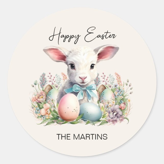 Vintag Happy Oaster Lamm Pastelleier Name Runder Aufkleber (Vorderseite)