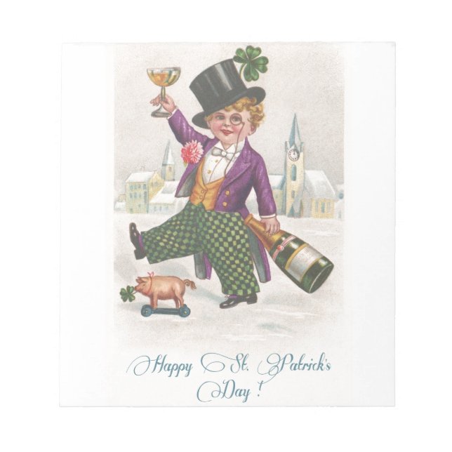 Vintag Happy St Patricks Day Kleeblatt Champagne Notizblock (Vorderseite)