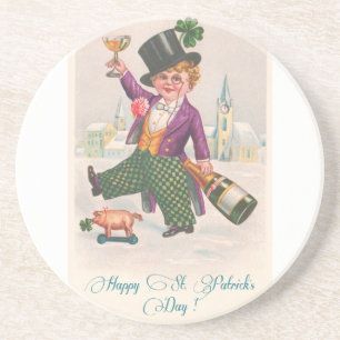 Vintag Happy St Patricks Day Kleeblatt Champagne Sandstein Untersetzer