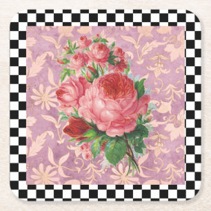 Vintag Harlequin Pink Roses Rechteckiger Pappuntersetzer