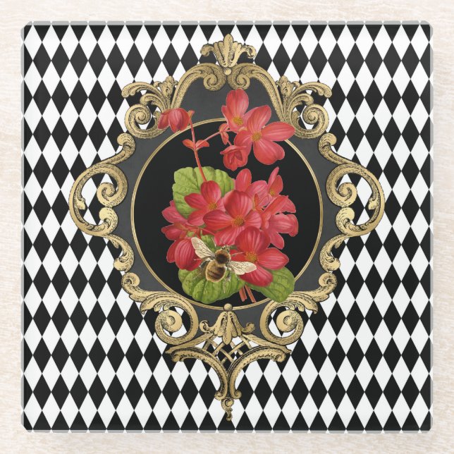 Vintag Harlequin Red Begonias Glasuntersetzer (Vorderseite)