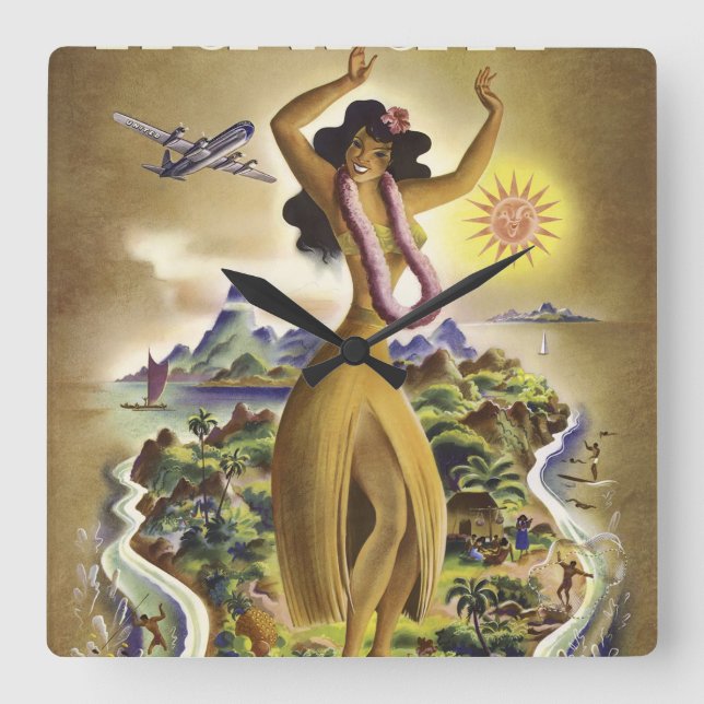 Vintag Hawaii 2 Quadratische Wanduhr (Vorderseite)