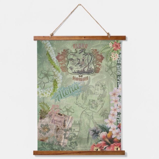 Vintag Hawaiian Scrapbook Aloha Hula Wandteppich Mit Holzrahmen (Vorderseite)