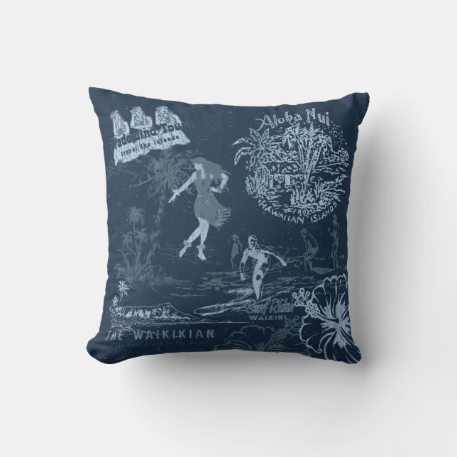 Vintag Hawaiian Travel Collage Indigo Reversible Kissen (Vorderseite)