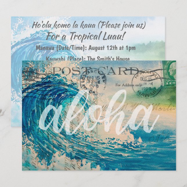 Vintag Hawaiian Wave Postcard Luau Einladung (Vorne/Hinten)