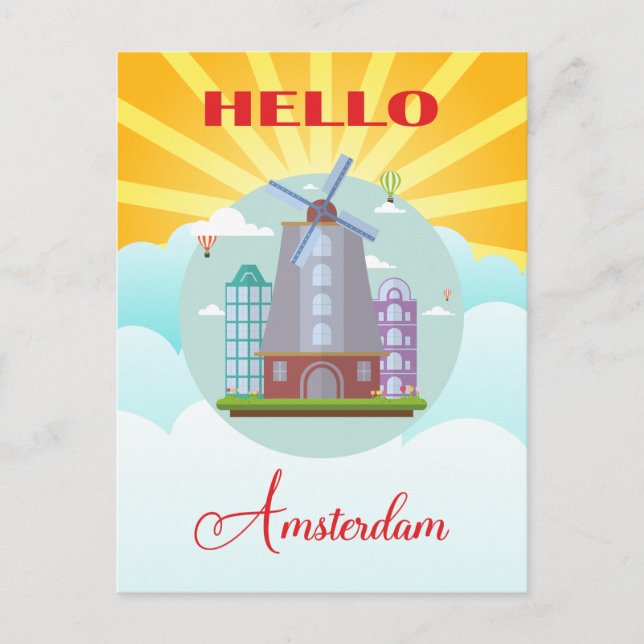 Vintag Hello Amsterdam Holland Travel Postkarte (Vorderseite)
