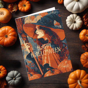 Vintag Hexe Broom Pumpkin Elegant Halloween Karte