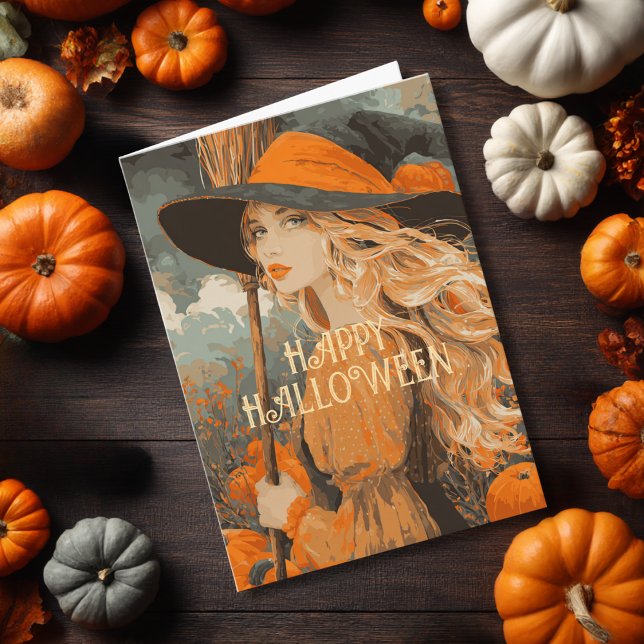 Vintag Hexe Broom Pumpkin Elegant Halloween Karte (Von Creator hochgeladen)