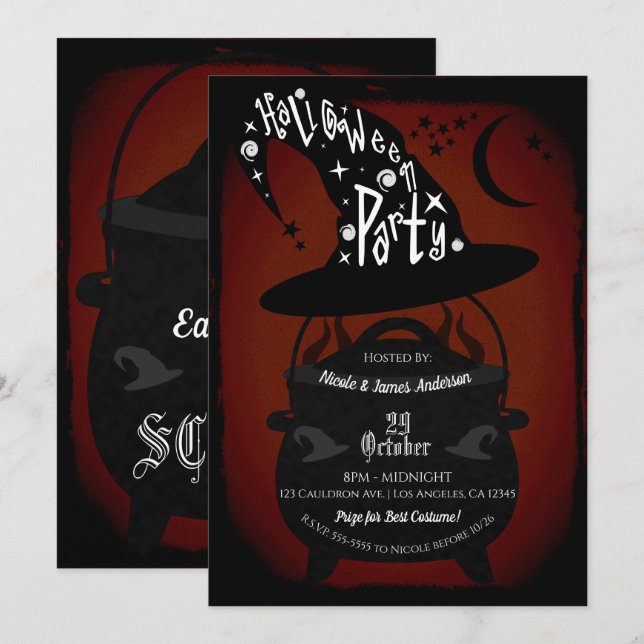 Vintag Hexe Cauldron Red Halloween-Party Retro Einladung (Vorne/Hinten)