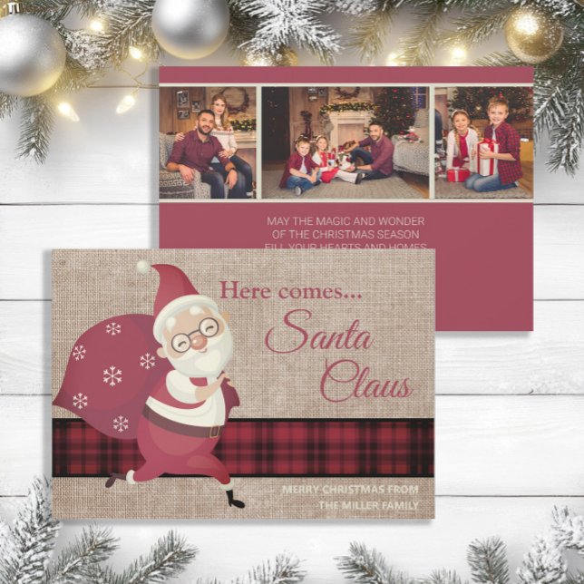 Vintag Hier kommt der Weihnachtsmann Kariert Burla Einladung (Vintage buffalo plaid "Here comes Santa Claus" 3 photo family Christmas greeting card)
