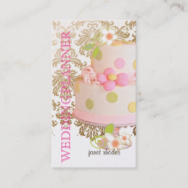 Vintag, Hochzeitsplaner+Kuchen+Fidora Damask Visitenkarte (Vorderseite)