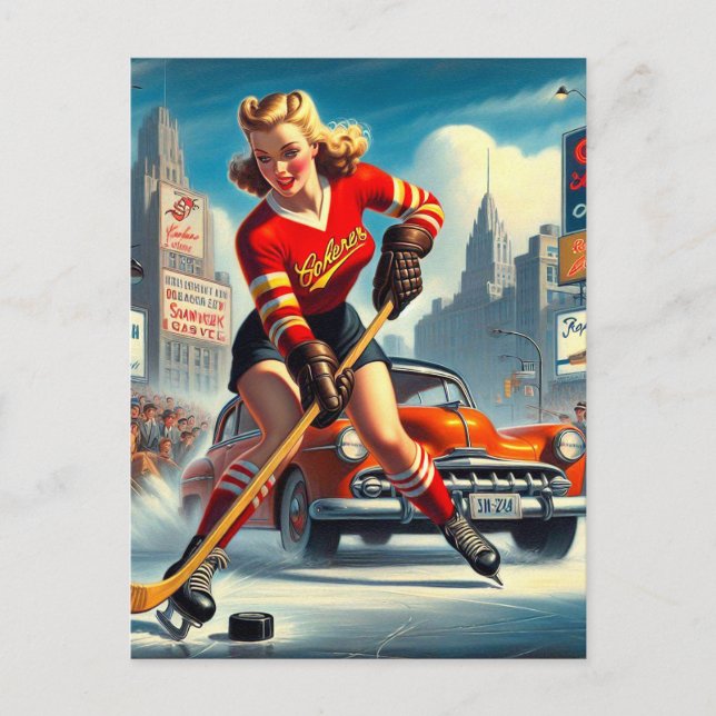 Vintag Hockey Girl Postkarte (Vorderseite)