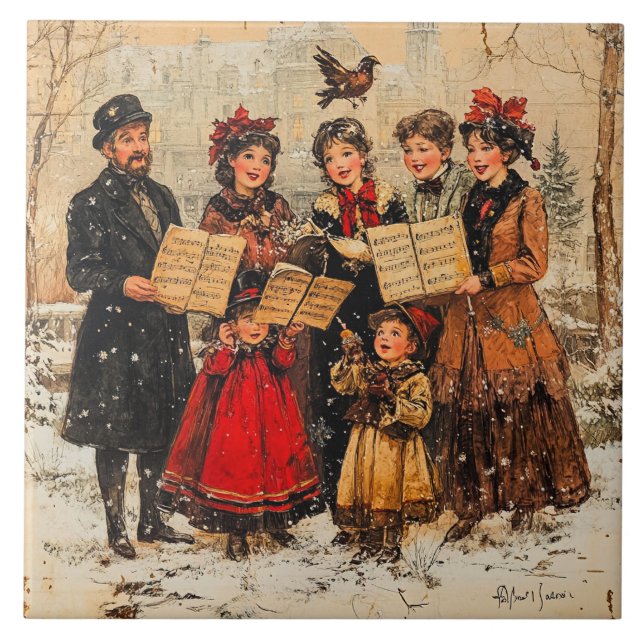 Vintag Holiday Carolers Fliese (Vorderseite)