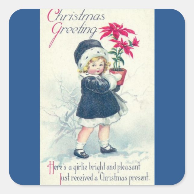 Vintag Holiday Girl Viktorianisch Weihnachtsaufkle Quadratischer Aufkleber (Vorderseite)