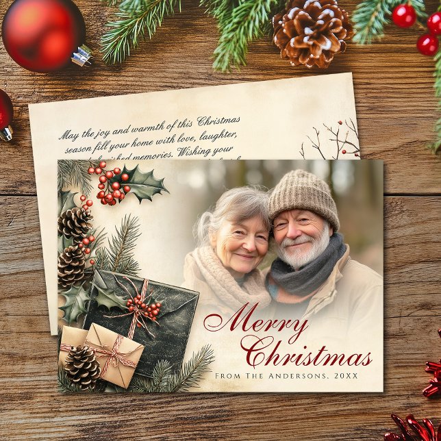 Vintag Holly Berries Beige Foto Weihnachten (Vintage Holly Berries Beige Photo Christmas Holiday Card)