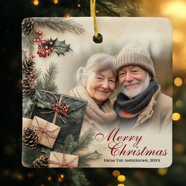Vintag Holly Berries Beige Foto Weihnachten Keramikornament (Vintage Holly Berries Beige Photo Christmas Ceramic Ornament)