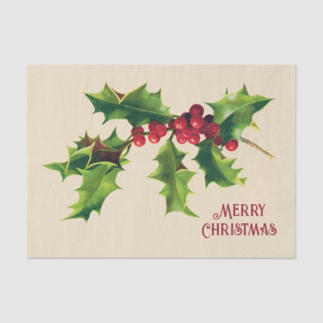 Vintag Holly Christmas Gruß Seidenpapier (Vorderseite)
