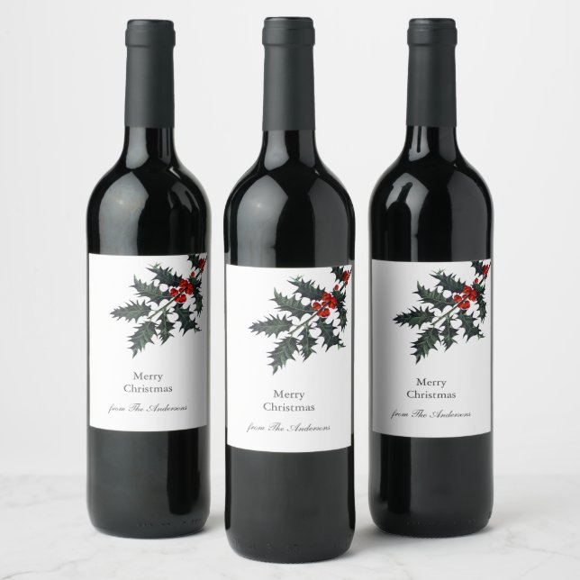 Vintag Holly Red Berries Frohen Weihnachtsnamen Weinetikett (Flaschen)