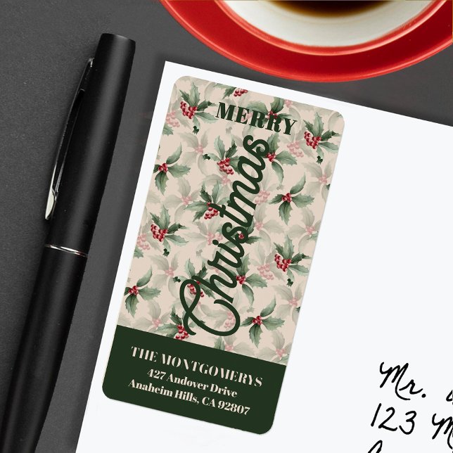 Vintag Holly und Berries Frohe Weihnachten Adressaufkleber (Vintage holly and berries Merry Christmas return address labels)