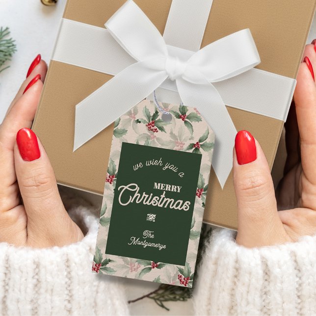 Vintag Holly und Berries Frohe Weihnachten Geschenkanhänger (Vintage holly and berries Merry Christmas favor gift tags)