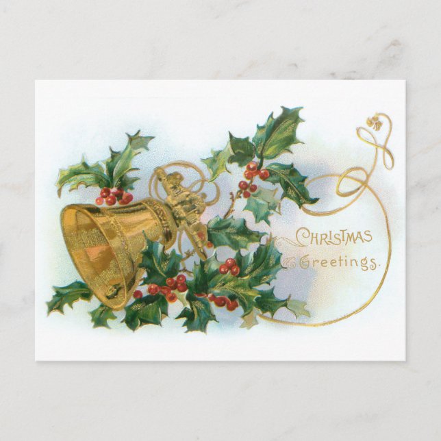Vintag Holly und Gold Bell Postkarte (Vorderseite)