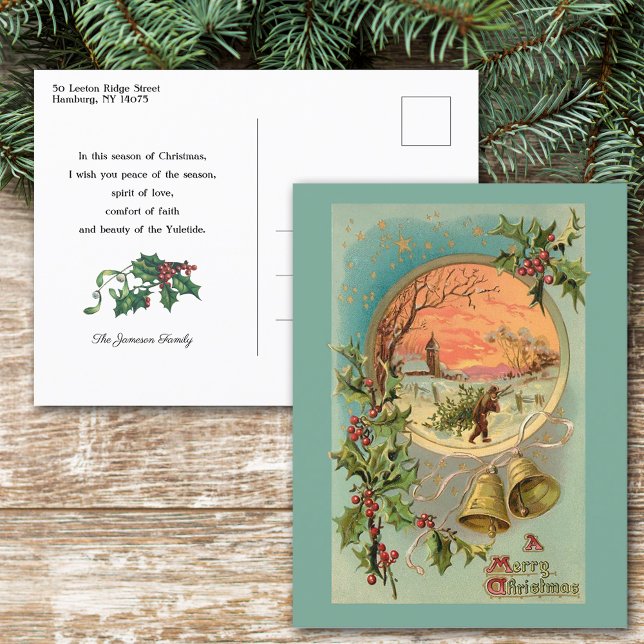 Vintag Holly, Weihnachtsglocken und Schneeszene Postkarte (Von Creator hochgeladen)