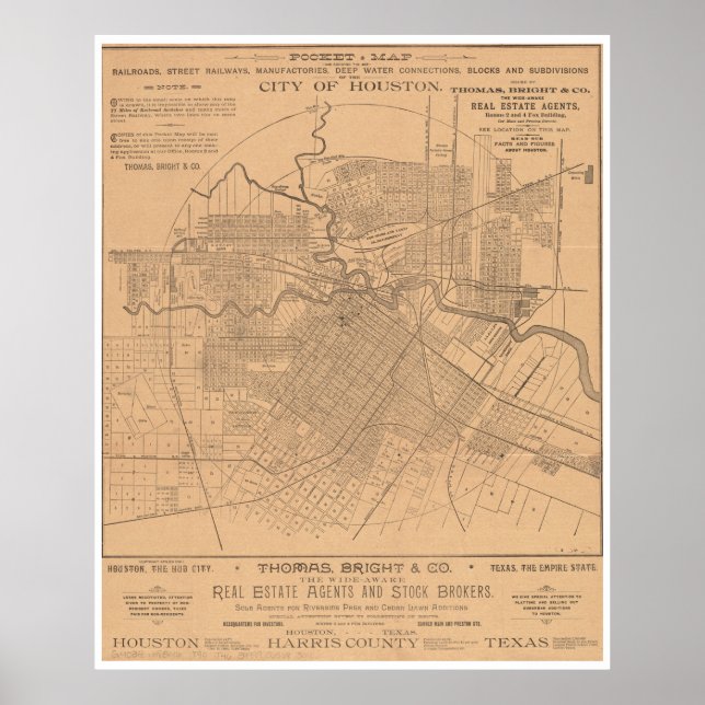 Vintag Houston Texas Railroad Map (1890) Poster (Vorne)