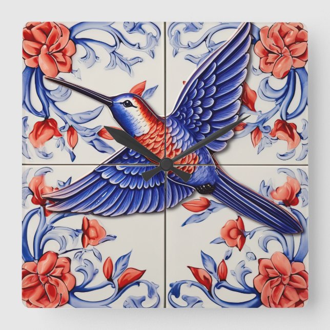 Vintag Hummingbird Azulejo Quadratische Wanduhr (Vorderseite)