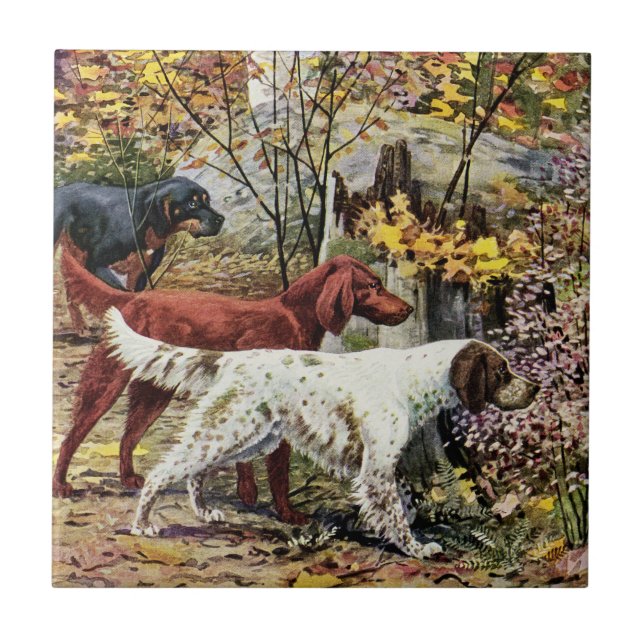 Vintag Hunde Setter Trio Fliese (Vorderseite)