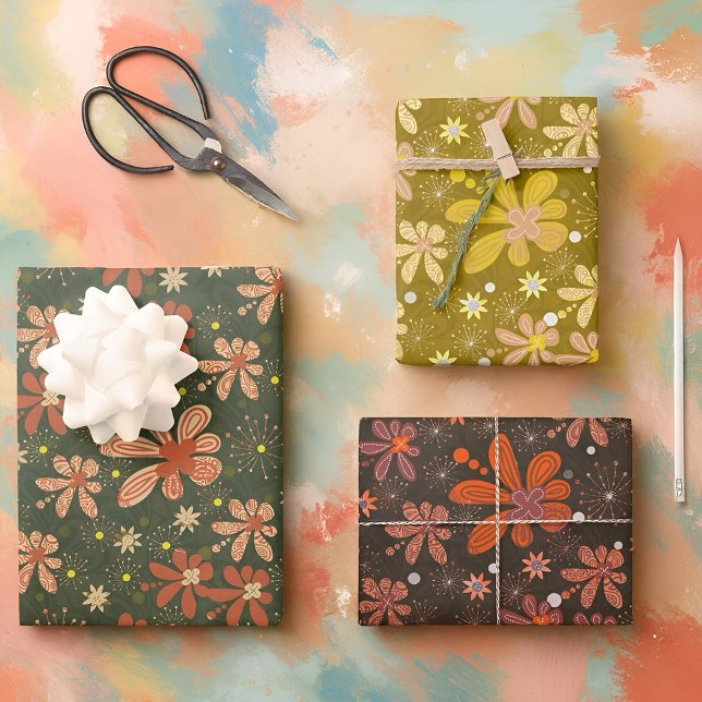 Vintag Inspiriert Blumenmuster Geschenkpapier Set (This bohemian floral wrapping paper set features an artsy folk design with earthy colors)