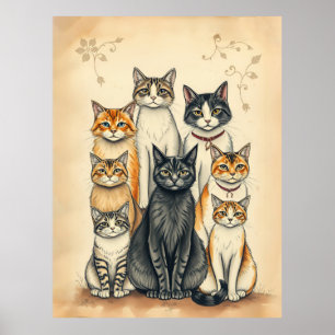 Vintag Inspiriert Cat Family Portrait Poster