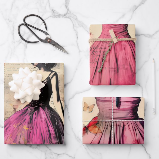 Vintag Inspiriert Mädchen mit Schmetterlingen Geschenkpapier Set (Vorderseite)