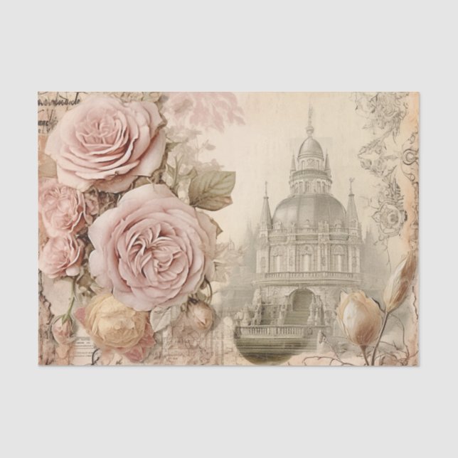 Vintag Inspiriertes rosa Rose- und Gebäude-Tissue  Seidenpapier (Vorderseite)