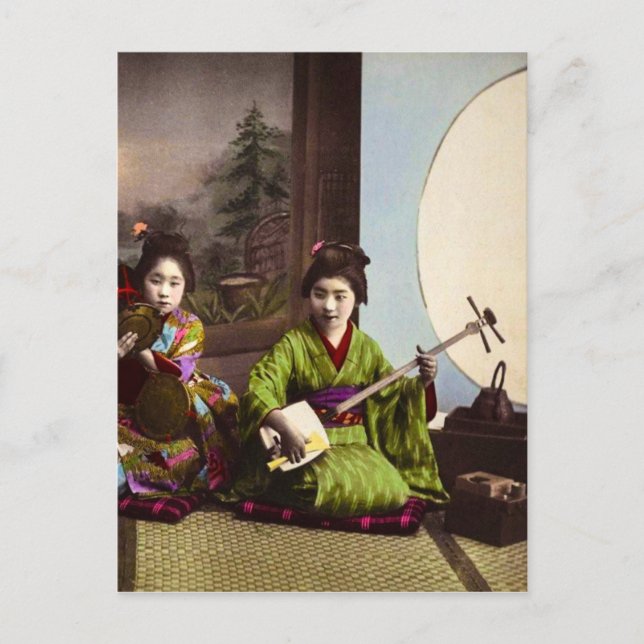 Vintag Japanisch Geisha Musical Entertainment Postkarte (Vorderseite)