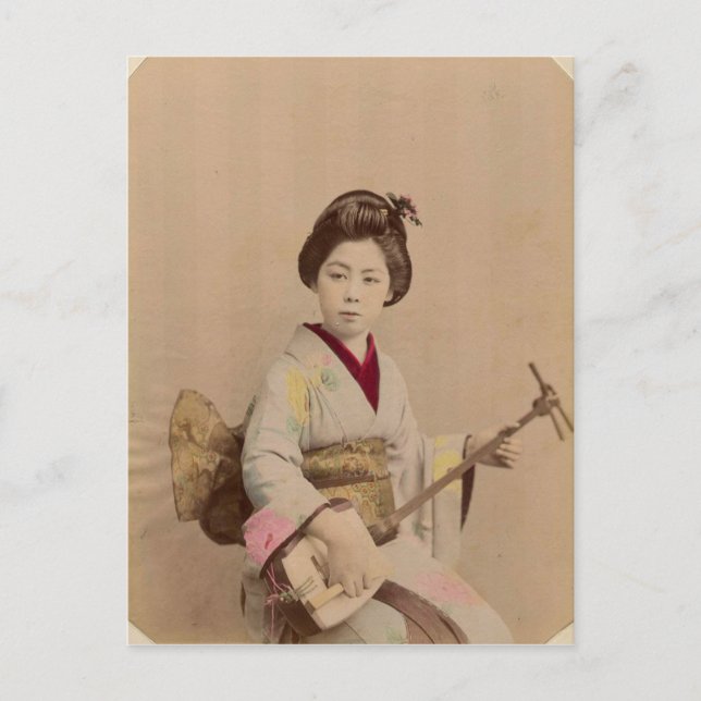 Vintag Japanisch Geisha Playing Shamisen Postkarte (Vorderseite)