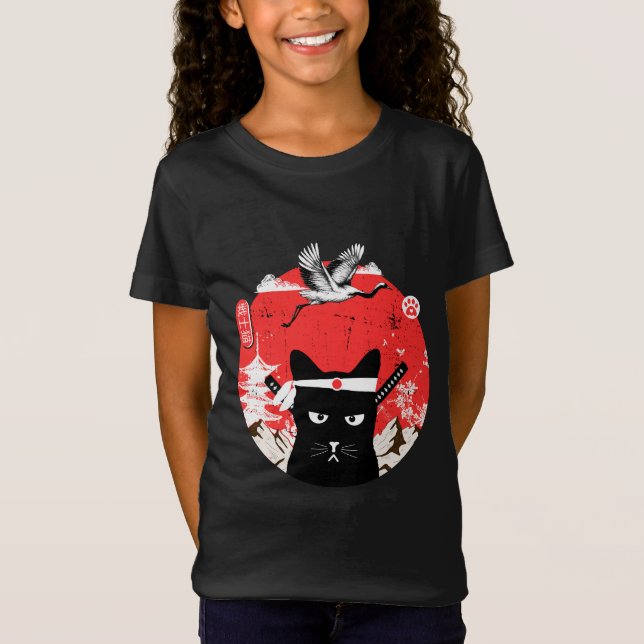 Vintag Japanisch Samurai schwarze Katze T-Shirt (Vorderseite)