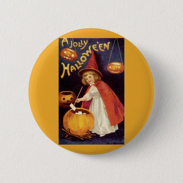 Vintag Jolly Halloween Hexe von Ellen Clapsaddle Button (Vorderseite)