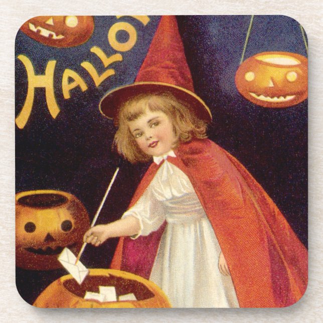 Vintag Jolly Halloween Hexe von Ellen Clapsaddle Getränkeuntersetzer (Vorderseite)