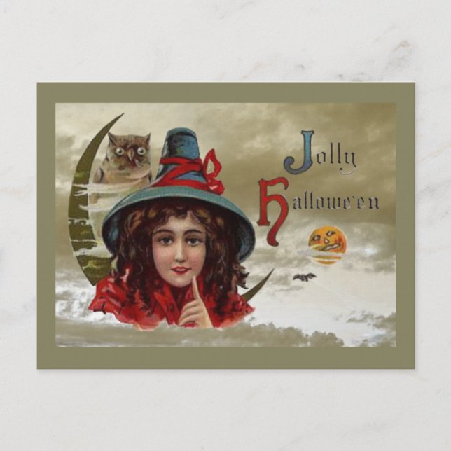 Vintag Jolly Halloween Hexenkarte Postkarte (Vorderseite)