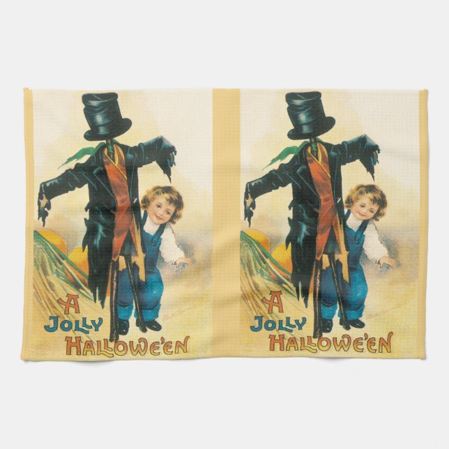 Vintag Jolly Halloween Scarecrow Ellen Clapsaddle Geschirrtuch (Horizontal)